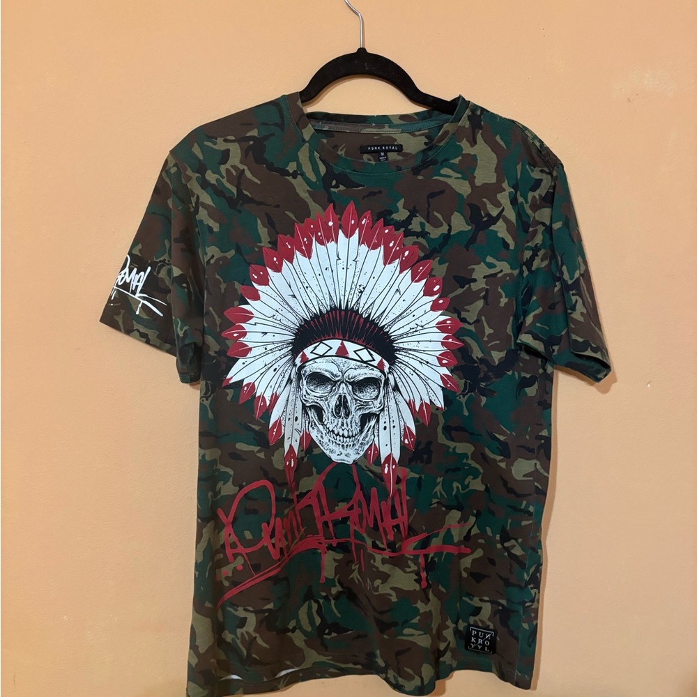 Punk Royal Green Camo Tee with Skull and Feather Design